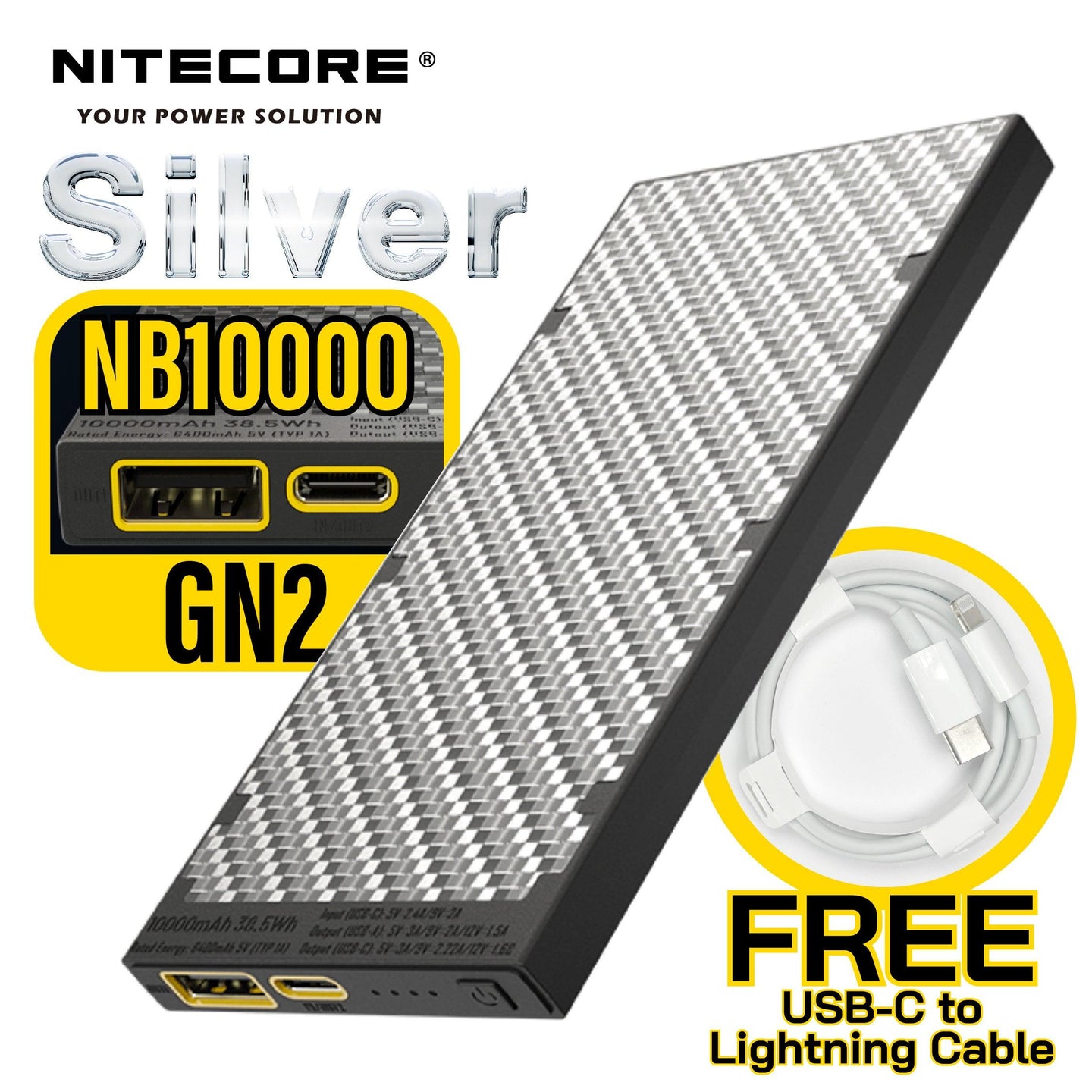 NB10000 GEN2 超輕碳纖+20w PD雙向快充+QC3.0 外置充電器 - 銀色 - Artboard HK